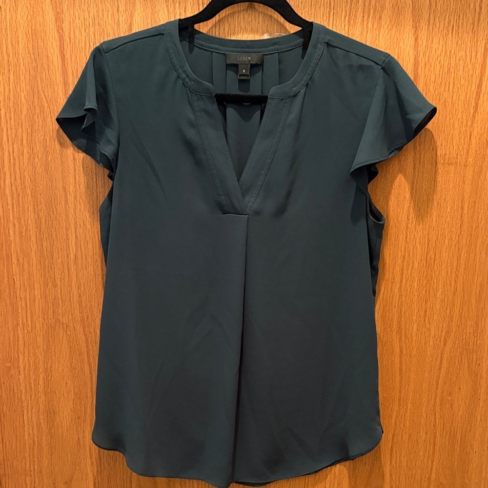 J. Crew Forest Green V-Notch Flutter Sleeve Blouse